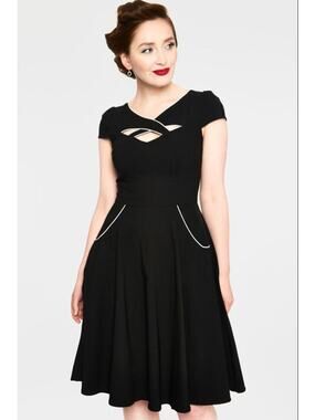 VOODOO VIXEN | Connie Black Piped Cutout Neck Retro Fit and Flare Dress | Small